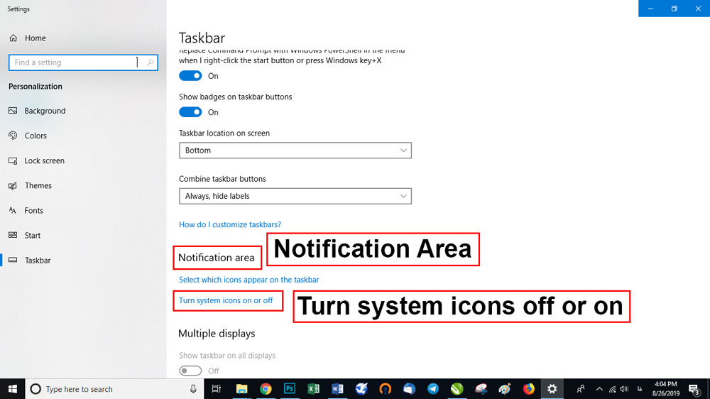 در بخش notification Area گزینه turn system icons off or on را انتخاب کنید