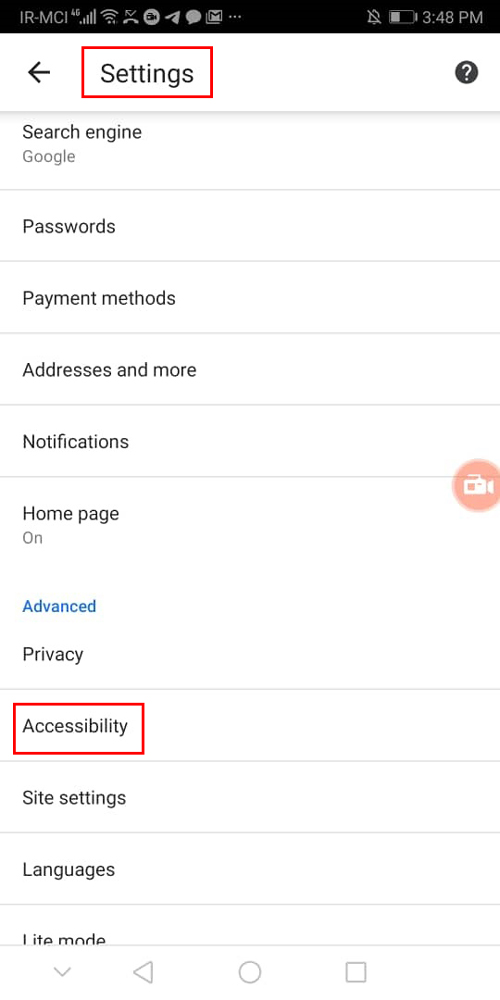 وارد این بخش گزینه Accessibility را انتخاب کنید.
