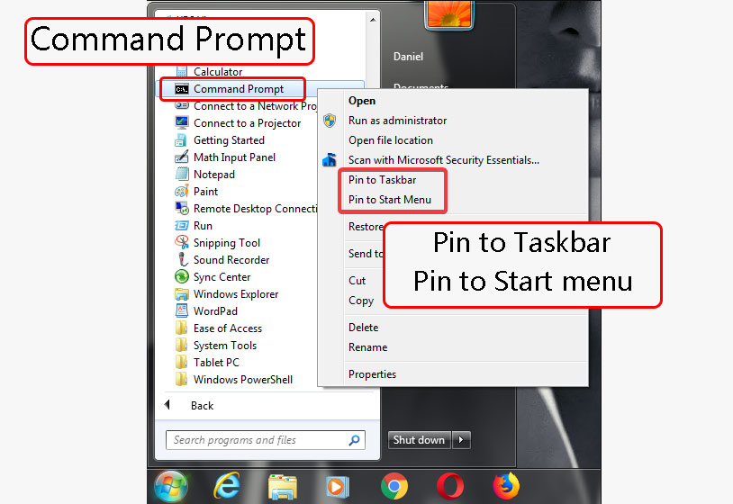 در منو ظاهر شده گزینه "Pin to Start menu" و یا "Pin to Taskbar" را انتخاب کنید.