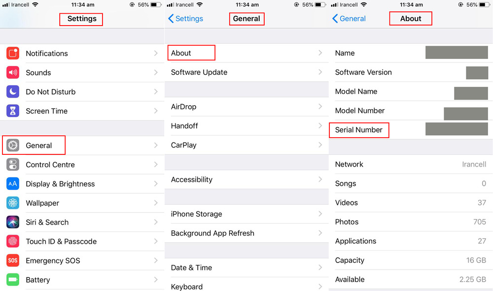 تنظیمات را در iPhone باز کنید و به بخش General > About > Serial Number بروید