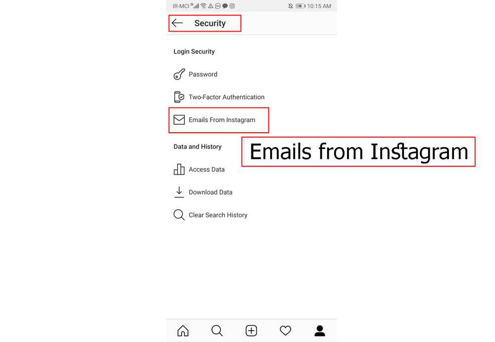 در بخش security، به دنبال گزینه‌ای جدید به نام Emails from Instagram باشید.