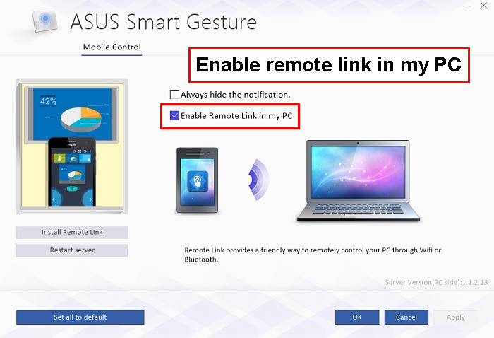 گزینه Enable remote link in my PC. را تیک بزنید