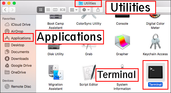 در سیستم عامل مک؛ ابتدا وارد Finder شده، به بخش Applications بروید، در قسمت Utilities، گزینه Terminal را انتخاب کنید.