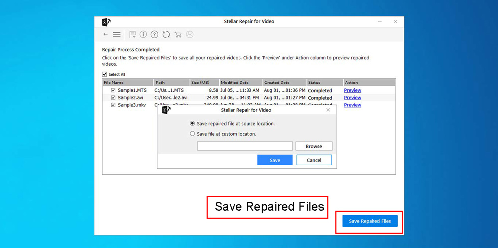 درنهایت با انتخاب گزینه Save Repaired Files آن را ذخیره نمایید.