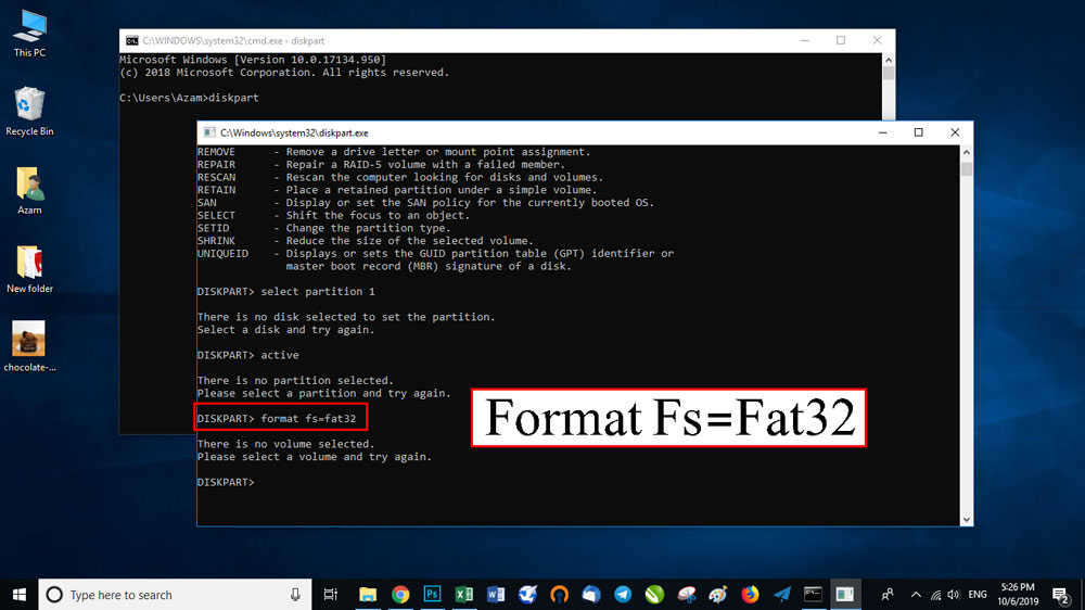 فرمان format fs=fat32 را تایپ و Enter کنید.