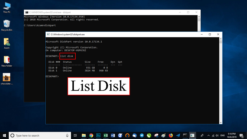 فرمان list disk را تایپ و Enter کنید