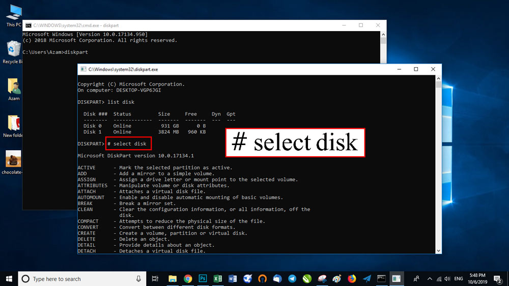 فرمان # select disk را تایپ و Enter کنید.