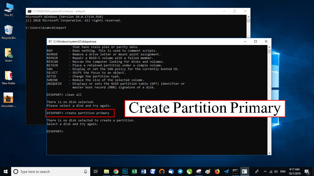 فرمان create partition primary را تایپ و Enter کنید.