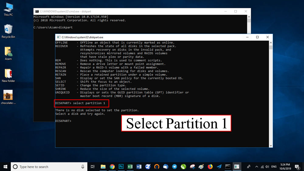 فرمان select partition 1 را تایپ و Enter کنید.
