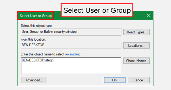 با باز شدن پنجره جدید دیگری خواهید دید که Select User or Group نوشته شده است.
