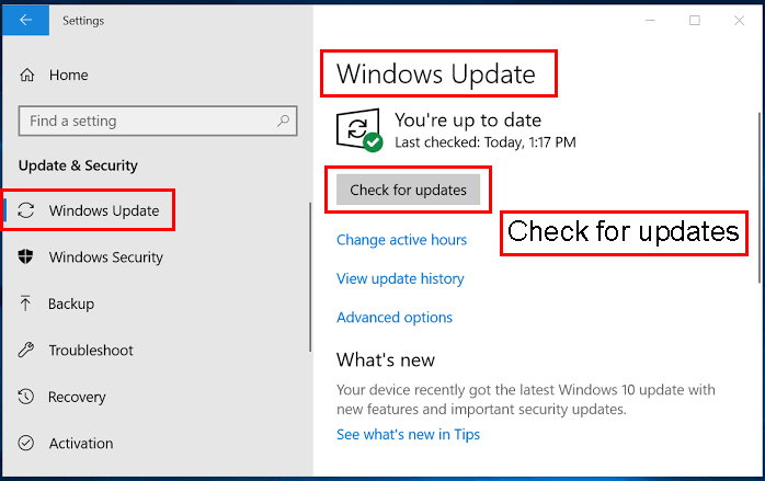 قسمت Windows Update و سپس Check for updates بروید